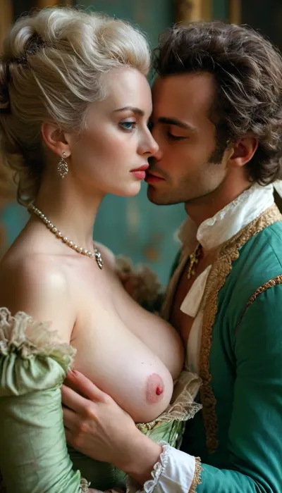 Woman embracing a man, Sexy nude marie Antoinette embracing with French aristocrat, huge breasts, toned body, plump lips, hairy pussy, <lora:MJ52:.8>, green, eyes, blue, brown, perfecteyes, <lora:PerfectEyesXL:.8>, <lora:SDXLHighDetail_v6-000005:.8>