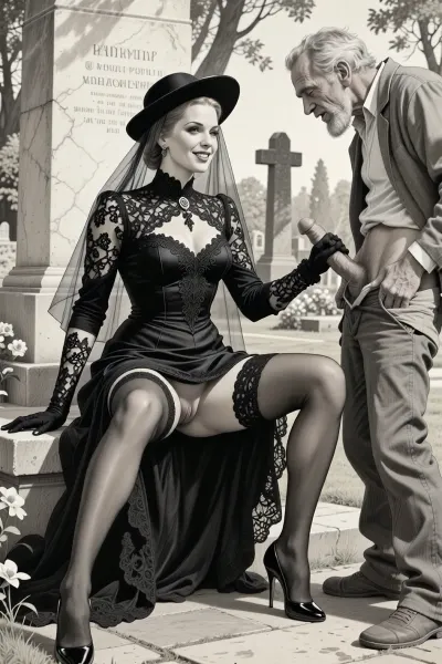 This is is a detailed monochromatic pencil drawing in a classical illustrative style depicts a scene set in Russian, in 1950s, full portrait of a beautiful widow sitting in a cemetery park monument near the cemetery monument, the legs are spread apart, show pussy with slutty smile she is wearing a long sleeved intricate lace black widow gown, widow hat, black transparent veil, stockings, front view, upskirt shot, looking away, middle distance, ptheels, high, heels, standing nearby is a sleazy old homeless man with his pants unbuttoned, she is masturbating his dick, She looks at him, handjob, The overall mood is intense, rendered in fine, expressive line work and subtle shading, evoking the style of 1950s satirical or moralistic illustrations.