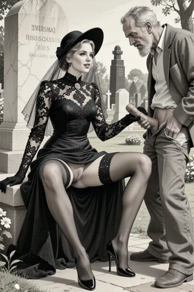 This is is a detailed monochromatic pencil drawing in a classical illustrative style depicts a scene set in Russian, in 1950s, full portrait of a beautiful widow sitting in a cemetery park monument near the cemetery monument, the legs are spread apart, show pussy with slutty smile she is wearing a long sleeved intricate lace black widow gown, widow hat, black transparent veil, stockings, front view, upskirt shot, looking away, middle distance, ptheels, high, heels, standing nearby is a sleazy old homeless man with his pants unbuttoned, she is masturbating his dick, She looks at him, handjob, The overall mood is intense, rendered in fine, expressive line work and subtle shading, evoking the style of 1950s satirical or moralistic illustrations.