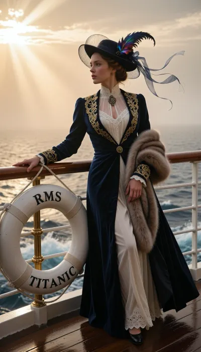 A young woman at the end of Belle Époque in the 1910s stands mesmerized at the edge of the RMS Titanic promenade deck during a breathtaking, atmospheric dawn. In this dramatic and emotionally charged cinematic shot, an exceptionally stunning 22-year-old aristocrat is captured in a dynamic three-quarter view, leaning gracefully against the gleaming brass handrail of the ocean liner. Hanging clearly on the railing next to her is a vintage white lifebuoy with the bold, clear black lettering "RMS TITANIC" written on it. She is gazing far out into the misty North Atlantic Ocean, her eyes reflecting the glowing horizon with a subtle sense of longing and impending fate.

Her 1910s haute couture promenade attire is a masterpiece of historical luxury, a flowing, floor-length midnight-blue velvet walking coat lined with rich golden silk embroidery, left slightly open to reveal a delicate, high-collared ivory chiffon gown with intricate beaded lace detailing along the bodice. A luxurious faux-fur stole is draped casually over one arm. A wide-brimmed Edwardian hat with dark sheer netting and iridescent feathers is angled dramatically, with fine silk ribbons fluttering wild and long in the crisp ocean breeze.

The environmental storytelling is intense, low-angled golden sunlight punches through the thick morning ocean mist, creating dramatic light rays, (God rays), across the scene. The camera is positioned on the deck facing outward toward the open sea, showing the dark, damp, polished teak floorboards reflecting the amber sky and the icy blue ocean waves crashing below. The background consists purely of the vast, misty North Atlantic horizon. The composition uses an 85mm lens with a shallow depth of field, sharp cinematic focus on her expressive face, flying tendrils of hair, and the exquisite, tactile textures of velvet, silk, and wet wood. Captured with rich cinematic color grading, raw emotion, and high-art aesthetic impact.