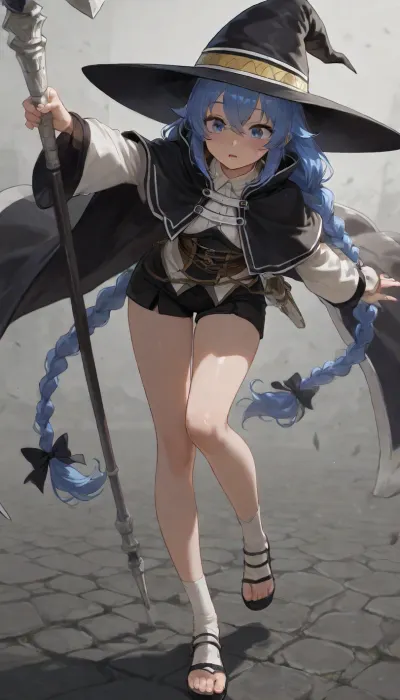 Full-body portrait of Roxy Migurdia from Mushoku Tensei, a petite youthful-looking anime female mage with fair skin and long blue-violet hair styled into two very long thick braids hanging down on both sides, each braid tied at the ends with black ribbon bows. She has large bright blue eyes, soft layered bangs framing her face, and a surprised, slightly flustered expression with her mouth slightly open.

She is wearing a large dark navy witch hat with a very wide floppy brim, a pointed crown, and a thin gold band around it. Her outfit is a fantasy mage school-style costume in dark navy, black, white, and pale blue tones. She wears a loose cream-white tunic dress with a structured white collar, long wide sleeves, dark navy cuffs decorated with small gold buttons, and dark trim along the edges. Over the tunic she wears a fitted dark navy bodice with black crossing straps, dark shoulder suspenders with gold button details, and a waist area decorated with layered belts and gold ring ornaments. The front of the tunic is split open, revealing dark navy fitted shorts or innerwear with light blue trim.

Her lower outfit includes large dark navy robe-like fabric or oversized leg coverings that have slipped down around her legs, as if she is in the middle of stepping out of them or has been caught in an awkward moment. Underneath, she wears pale cream socks or stockings and simple fantasy sandals with open toes.

Pose, dynamic and off-balance, leaning slightly forward, one arm stretched outward to the side as if trying to keep balance, the other hand lowered and gripping the fallen dark fabric near her leg. One leg is slightly bent and forward, giving the impression of movement, surprise, and a cute awkward stumble.

Expression and mood, cute, embarrassed, startled, slightly confused, but still charming and elegant. The overall feeling should be playful, magical, and endearing.

Style, highly detailed anime character illustration, clean line art, smooth shading, polished modern anime style, soft lighting, crisp details, full-body character focus, white or simple clean background, high resolution, sharp focus.
