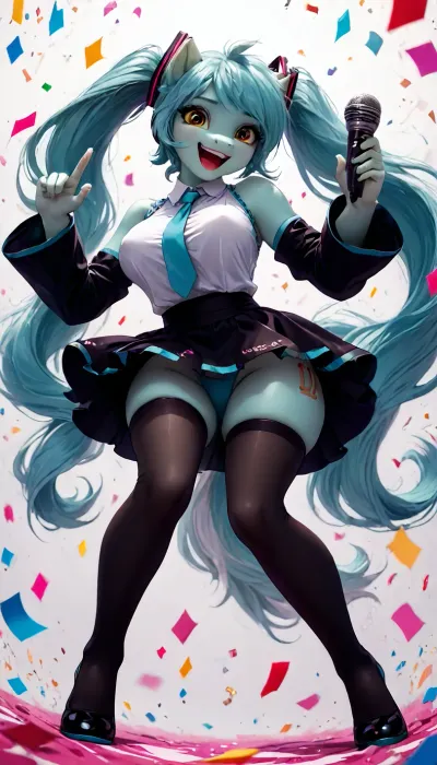 (Lyra Heartstrings), mlp, (((pony))), hatsune miku hair cosplay, smile, showing teeth, open mouth, makeup, perfect tail, rosy cheeks, furry, anthro, hooves horse, hooves on the feet, Anfisa, big breasts, erect nipples under clothing, hatsune miku cosplay, black stockings, microphone, random pose, best angle, white background, confetti, <lora:Pony_MLP_v1.8SDXL:.8>, <lora:Anfisa_Fox_Riot-XL:1.9>, <lora:princess_xl_v2:.8>, <lora:LCMTurboMix_Euler_A_fix:.8>
