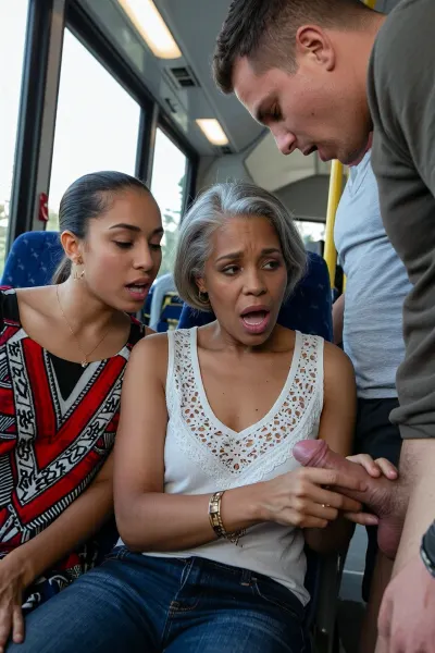 Two Black women, one 18 years old and the other 51 years old, are on a bus. Both are seated, and next to them are two men standing very close to them. The women are looking at the men's genitals, They are terrified. The 51-year-old woman touches the man's penis and suck the penis