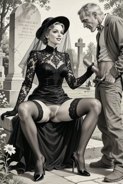 This is is a detailed monochromatic pencil drawing in a classical illustrative style depicts a scene set in Russian, in 1950s, full portrait of a beautiful widow sitting in a cemetery park monument near the cemetery monument, the legs are spread apart, show her hairy pussy with slutty smile she is wearing a long sleeved intricate lace black widow gown, widow hat, black transparent veil, stockings, front view, upskirt shot, looking away, middle distance, ptheels, high, heels, standing nearby is a sleazy old homeless man with his pants unbuttoned, she is masturbating his dick, She looks at him, handjob, The overall mood is intense, rendered in fine, expressive line work and subtle shading, evoking the style of 1950s satirical or moralistic illustrations.