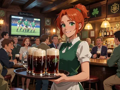 anime illustration style, warm cozy Irish pub interior, cheerful crowd of people drinking pints of dark beer and laughing, superb redhead waitress carrying tray of beer glasses, bright green eyes warm smile, traditional pub wooden interior dark oak beams, rugby match on large TV screen on wall showing green jerseys players, golden warm amber lighting, shamrock decorations, whiskey bottles on shelves behind bar, lively festive atmosphere, anime cel-shaded style, vibrant warm colors, detailed background characters, Studio Ghibli inspired cozy warmth