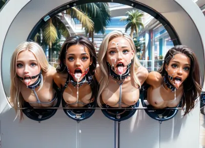 outdoors, (paradise island mall:1.3), (side POV view:1.3), (row of many girls:1.5), (narrow innocent looking face:1.5), (light very white high-tech sci-fi bdsm machine:1.7), ((white machine up to height of breast:1.8)), (young beautiful petite woman:1.7), (((girl is stuck leaning forward in a small horizontal hole with bdsm light machine:1.6))), ((lower body hidden to breasts into small horizontal machine:1.7)), (arms behind in machine:1.7), (((stuck from small horizontal rim machine:1.6))), ((electronic mouth spreader ring gag:1.7)), (very wide open mouth:1.6), ((model cutie:1.8)), (perfect:1.5), (slender fit skinny:1.6), (small thin waist:1.3), (tattooed wide shoulders:1.4), (clear narrow detailed perfect dark eyes:1.6), (looks up:1.3), (perfect lips), ((very long wide smooth light white tongue out down:1.7)), ((round tongue's end:1.6)), (piercing on center of tongue:1.3), (cum flows out from mouth:1.7), (cum on face:1.3), (light massive very oversized electronic collar device around very short throat:1.6), (blonde smooth silky long hair:1.5), (firm perky implanted medium breasts:1.5), (her boobs is spread apart:1.6), (tan fair very oiled skin:1.6), (very beautiful perfect face:1.7), thin beautiful eyebrows, (very gorgeous:1.5), (sexy:1.4), (nipple ring piercings:1.4), (satisfied:1.6), (tattoo:1.3), (seductive sexy makeup:1.5), (long black eyelashes:1.4), lipstick, (stunning:1.3), (dimples on cheeks:1.4), (paradise island:1.3), (palm trees:1.2), (bright day:1.5), (masterpiece:1.1), <lora:skinny11:.5>, <lora:Microwaist_XL_v01:1.5>