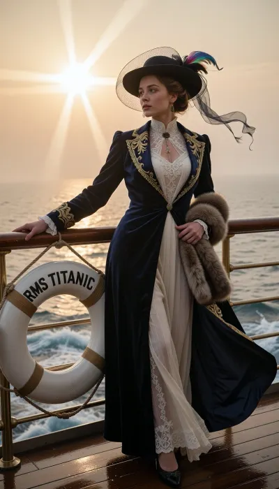 A young woman at the end of Belle Époque in the 1910s stands mesmerized at the edge of the RMS Titanic promenade deck during a breathtaking, atmospheric dawn. In this dramatic and emotionally charged cinematic shot, an exceptionally stunning 22-year-old aristocrat is captured in a dynamic three-quarter view, leaning gracefully against the gleaming brass handrail of the ocean liner. Hanging clearly on the railing next to her is a vintage white lifebuoy with the bold, clear black lettering "RMS TITANIC" written on it. She is gazing far out into the misty North Atlantic Ocean, her eyes reflecting the glowing horizon with a subtle sense of longing and impending fate.

Her 1910s haute couture promenade attire is a masterpiece of historical luxury, a flowing, floor-length midnight-blue velvet walking coat lined with rich golden silk embroidery, left slightly open to reveal a delicate, high-collared ivory chiffon gown with intricate beaded lace detailing along the bodice. A luxurious faux-fur stole is draped casually over one arm. A wide-brimmed Edwardian hat with dark sheer netting and iridescent feathers is angled dramatically, with fine silk ribbons fluttering wild and long in the crisp ocean breeze.

The environmental storytelling is intense, low-angled golden sunlight punches through the thick morning ocean mist, creating dramatic light rays, (God rays), across the scene. The camera is positioned on the deck facing outward toward the open sea, showing the dark, damp, polished teak floorboards reflecting the amber sky and the icy blue ocean waves crashing below. The background consists purely of the vast, misty North Atlantic horizon. The composition uses an 85mm lens with a shallow depth of field, sharp cinematic focus on her expressive face, flying tendrils of hair, and the exquisite, tactile textures of velvet, silk, and wet wood. Captured with rich cinematic color grading, raw emotion, and high-art aesthetic impact.