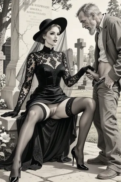 This is is a detailed monochromatic pencil drawing in a classical illustrative style depicts a scene set in Russian, in 1950s, full portrait of a beautiful widow sitting in a cemetery park monument near the cemetery monument, the legs are spread apart, show pussy with slutty smile she is wearing a long sleeved intricate lace black widow gown, widow hat, black transparent veil, stockings, front view, upskirt shot, looking away, middle distance, ptheels, high, heels, standing nearby is a sleazy old homeless man with his pants unbuttoned, she is masturbating his dick, She looks at him, handjob, The overall mood is intense, rendered in fine, expressive line work and subtle shading, evoking the style of 1950s satirical or moralistic illustrations.
