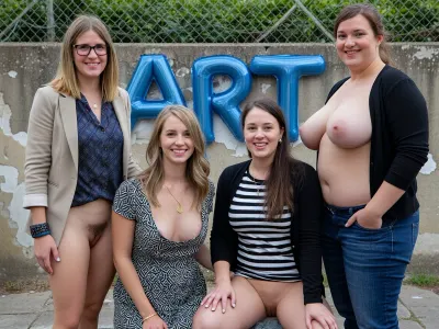Four women stand and kneel together in a cheerful, casual group pose against a weathered concrete wall outdoors. The composition is balanced, with two women standing and two crouching, creating a dynamic yet cohesive arrangement. All four are smiling warmly at the camera, conveying a sense of camaraderie and positivity. The woman on the far left has shoulder-length blonde hair and wears glasses, a beige blazer over a dark patterned top, and is naked underneath, presenting her hairy vagina. The woman kneeling in front of her has light brown hair, a black-and-white patterned dress with malfunction, letbhercright breast hang out, and a gold necklace. The woman kneeling on the right is fat, has long dark hair, a black cardigan over a black-and-white striped top, legs spread to present her vagina. The woman standing on the far right is obese and has her hair pulled back, wears nothing presenting her fat tits under a black cardigan, and blue jeans. Behind them, the word "ART" is painted in blue balloon-style letters on the wall, with a chain-link fence and green foliage visible above. Natural daylight illuminates the scene, creating soft shadows and a relaxed, authentic atmosphere. The image has a candid, documentary-style quality with a focus on natural expressions and genuine interaction.