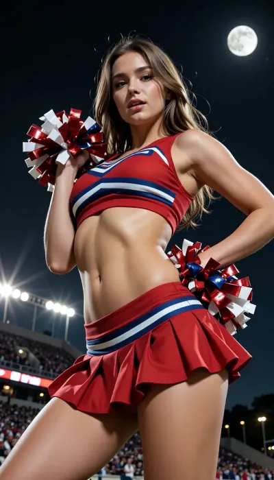 The image is a photograph capturing a cheerleader in a dynamic, low-angle perspective. The cheerleader, a young woman with light skin and a curvy physique, is prominently featured. She has long, straight, light brown hair that cascades over her shoulders. Her outfit is a classic cheerleading uniform, consisting of a red crop top with a blue and white striped neckline, and a matching pleated skirt that flares out around her hips. She is holding red and white pom-poms in both hands, which are positioned near her shoulders, creating a sense of action and movement.

The background reveals a nighttime stadium scene, with a full moon brightly illuminating the sky. The stadium lights are on, casting a bright, artificial glow that contrasts with the natural light from the moon. In the distance, the bleachers are visible, filled with indistinct figures, suggesting a large audience. The overall atmosphere is energetic and vibrant, capturing the excitement and anticipation of a live sports event. The image effectively uses lighting and perspective to emphasize the cheerleader's presence and the lively environment surrounding her.