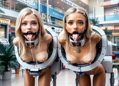 outdoors, (paradise island mall:1.3), (side POV view:1.3), (row of many girls:1.5), (narrow innocent looking face:1.6), (light very white high-tech sci-fi bdsm machine:1.7), ((white machine up to height of breast:1.8)), (young beautiful petite woman:1.7), (((girl is stuck leaning forward in a small horizontal hole with bdsm light machine:1.6))), ((lower body hidden to breasts into small horizontal machine:1.7)), (arms behind in machine:1.7), (((stuck from small horizontal rim machine:1.6))), ((electronic mouth spreader ring gag:1.7)), (very wide open mouth:1.6), ((model cutie:1.8)), (perfect:1.5), (slender fit skinny:1.6), (small thin waist:1.3), (tattooed wide shoulders:1.4), (clear narrow detailed perfect dark eyes:1.6), (looks up:1.3), (perfect lips), ((very long wide smooth light white tongue out down:1.7)), ((round tongue's end:1.6)), (piercing on center of tongue:1.3), (cum flows out from mouth:1.7), (cum on face:1.3), (light massive very oversized electronic collar device around very short throat:1.6), (blonde smooth silky long hair:1.5), (firm perky implanted medium breasts:1.5), (her boobs is spread apart:1.6), (tan fair very oiled skin:1.6), (very beautiful perfect face:1.7), thin beautiful eyebrows, (very gorgeous:1.5), (sexy:1.4), (nipple ring piercings:1.4), (satisfied:1.6), (tattoo:1.3), (seductive sexy makeup:1.5), (long black eyelashes:1.4), lipstick, (stunning:1.3), (dimples on cheeks:1.4), (paradise island:1.3), (palm trees:1.2), (bright day:1.5), (masterpiece:1.1), <lora:skinny11:.5>, <lora:Microwaist_XL_v01:1.5>