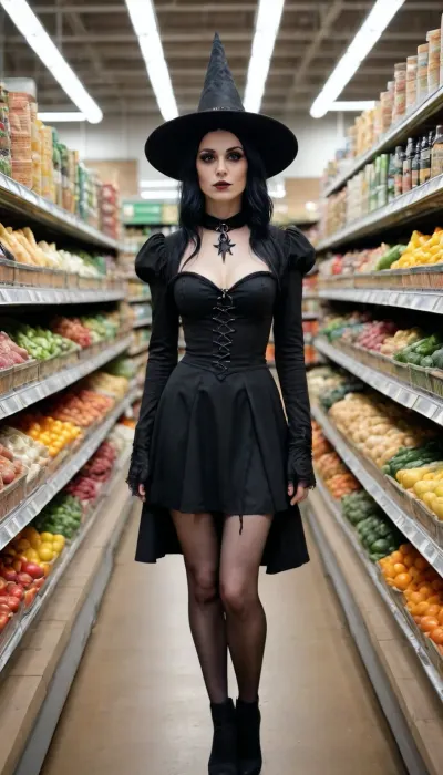 Sexy goth witch in whole foods market