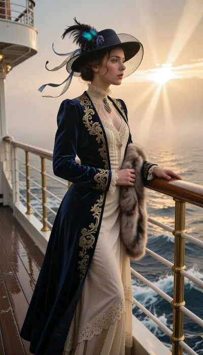 A young woman at the end of Belle Époque in the 1910s stands mesmerized at the edge of the RMS Titanic promenade deck during a breathtaking, atmospheric dawn. In this dramatic and emotionally charged cinematic shot, an exceptionally stunning 22-year-old aristocrat is captured in a dynamic three-quarter view, leaning gracefully against the gleaming brass handrail of the ocean liner. She is gazing far out into the misty North Atlantic Ocean, her eyes reflecting the glowing horizon with a subtle sense of longing and impending fate.Her 1910s haute couture promenade attire is a masterpiece of historical luxury, a flowing, floor-length midnight-blue velvet walking coat lined with rich golden silk embroidery, left slightly open to reveal a delicate, high-collared ivory chiffon gown with intricate beaded lace detailing along the bodice. A luxurious faux-fur stole is draped casually over one shoulder. A wide-brimmed Edwardian hat with dark sheer netting and iridescent feathers is angled dramatically, with fine silk ribbons fluttering wild and long in the crisp ocean breeze.The environmental storytelling is intense, low-angled golden sunlight punches through the thick morning ocean mist, creating dramatic light rays, (God rays), across the scene. The camera is positioned on the deck facing outward toward the open sea, showing the dark, damp, polished teak floorboards reflecting the amber sky and the icy blue ocean waves crashing below. The background consists purely of the vast, misty North Atlantic horizon, avoiding any distorted ship structures. The composition uses an 85mm lens with a shallow depth of field, sharp cinematic focus on her expressive face, flying tendrils of hair, and the exquisite, tactile textures of velvet, silk, and wet wood. Captured with rich cinematic color grading, raw emotion, and high-art aesthetic impact.