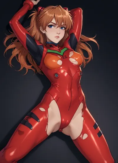(Owler meets Markgavatino style), reiq style, masterpiece, (asuka Langley, evangelion plug suit, torn clothes), simple background, <lora:mk_Bp Anime_xl:2>