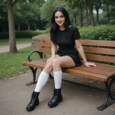Sitting on a bench in a park, 25 years old gothic woman, long black hair, perfect body, long hair, perfect face, smiling at viewer, knees bent, feet on the Bench, lifted black mini dress, boots, white socks, 3/4 angle, full body visible, smooth pussy visible