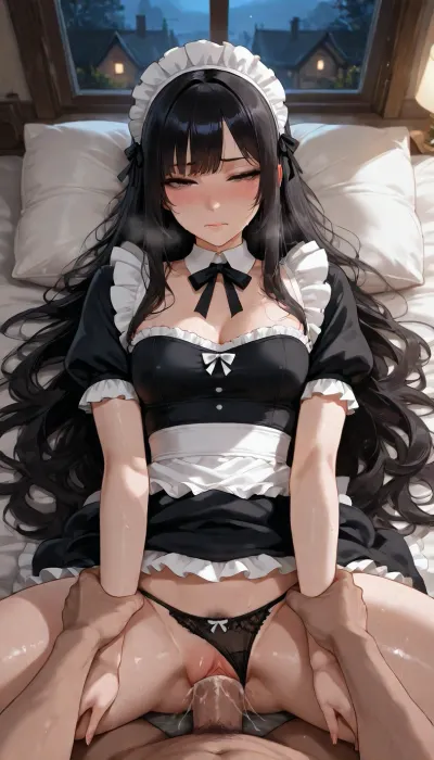 downcast expression, mouth closed, black hair, long wavy wet hair with bangs, flat-chested women, huge dick, big dick, POV, house, cum, panties, goth women, vaginal sex, goth makup, missionary, maid costume, black pubic hair, maid, <lora:xl_cute_maid_dress-1.0:.8>
