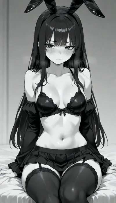 1 person, sitting, Tell and slender girl, thin body, black hair, long hair, black bunny ears, narrow waist, thin thighs, thin legs, nude, (woman wearing sexy black lingerie), black ruffle sexy microskirt, black long ruffle stockings, black ruffle sleeves, open shoulders, blushing, open stomach, small breasts, (negative_v2, Color_Balance_Calibration:.8), aidxlv05_neg, Go, Toboun, No, Hanayome, Style, blush, breasts, monochrome, greyscale, large, eyebrows, visible, through, hair, bangs, solo, focus, masterpiece, best, quality, very, aesthetic, absurdres, <lora:Go_Toboun_No_Hanayome_Season_2_Style:1.2>, <lora:CALM WHITE-NAI:1.8>, <lora:Basuke-P3v1-NbVp10:1.3>