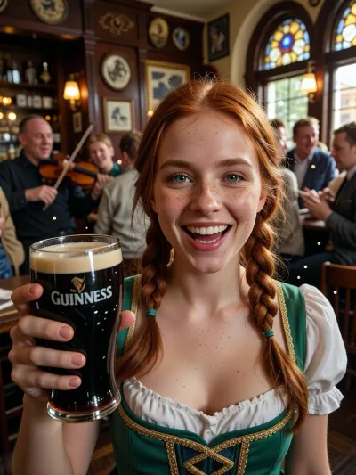 Lively Irish revelry in a pub. A young Irish woman with bright red hair in two long, tight braids, freckles on her face, neck, and chest, big green eyes, and a broad, happy smile revealing white teeth, holds a tall glass of Guinness in her right hand, dressed in a traditional emerald-green velvet bodice with gold Celtic embroidery, lacing, and diamond patterns, a white blouse with lantern sleeves and a deep neckline, standing in the center of a warm, cozy Irish pub, against a backdrop of dark wood paneling, stained-glass windows, shelves lined with bottles, a man playing the violin, patrons laughing and chatting, warm golden lamplight, an atmosphere of genuine Irish fun and craic, photorealism, masterpiece, best quality, ultra-detailed, harp focus, cinematic lighting, shallow depth of field, natural skin texture, freckles, glossy beer foam, bokeh