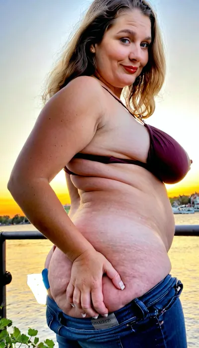Amateur candid photo, granny 80 year old plump wrinkled granny, (plump bbw:1.1), (overweight:1.1), fat circular face, looking at me, medium hair, dark blonde disheveled wwavy hair, huge breasts, fat sagging heavy tits, at dawn, wrinkled white skin, realistic detailed skin texture, wrinkled body . Old wrinkled skin . pretty blue eyes, strong fat arms, fat neck, double chin, happy, mouth closed, no makeup, no lipstick, ultimate realism, 67 old fat wrinkled woman, plump thick, old, mature, 173cm, very chubby, wide chest, thick arms, thick thighs, thick, short neck, height, celulite body, a big smile. She has a chubby thick physique and is wearing no makeup. The lighting is soft and natural, casting gentle shadows.. The image has a casual, candid feel. Amateur model, amateur photograph, vivid sunset, golden hour, scenic, wearing a tight pair of jeans and big panties on her waist, view from behind, bodensee