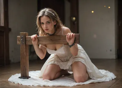 Caucasian woman, curvy, looking at the viewer, light pink bride dress, 25-year-old, messy hair, neck bound, bokeh, kneeling, pillory, chained, BDSM, <lora:sdxl1.0_realastic_female_lora:2>