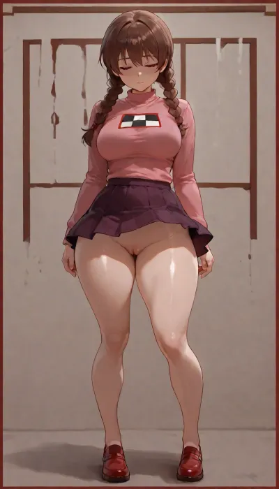 Madotsuki from Yume nikki, She wears a pink long-sleeve sweater with a window-like design consisting of a red border and a 3-by-2 grid pattern of gray and white squares. She also wears a dark purple skirt and bright red shoes., (Madotsuki closed eyes), she is 20 years old, beatiful body, big thighs, nude from the bottom, (vagina), (shaved pussy), she is standing, Simple white background, looking at viewer, masterpiece, very detailed image, 4k image
