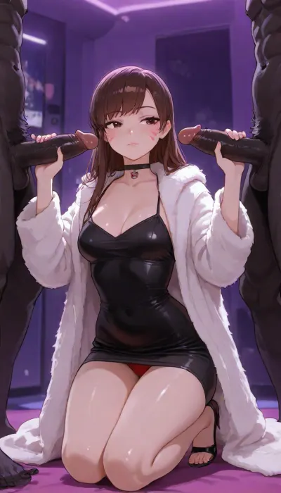 full body shot, (Anime shot), d.va from overwatch, slim, small body, small medium breasts, black choker, black tight night dress, white expensive fur coat, red panties, on knees, handjob, 2 muscular black mans, stands, 2 huge black penises, karaoke room, no headphones, <lora:ratatatat74-000050:.8>, <lora:outline_xl_kohaku_delta_spv5x:.8>, <lora:cartoon_stickers_xl_v1:.8>, <lora:hennnachoco-NAI:.8>
