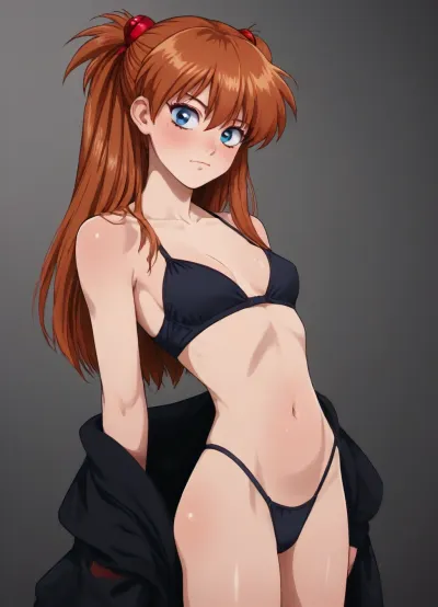 (Neocoill meets Markgavatino style), (retro anime:1.8), masterpiece, (asuka Langley, skinny, small breasts, underwear), simple background, <lora:mk_Bp Anime_xl:2>, <lora:NEOTOKIOXL_0.2_RC:1>