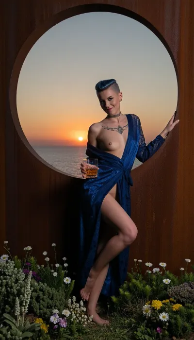 Film noir scene, high contrast between dark and light, frame filling garden wall from rusty corten steel, garden covered in wildflowers, extremely minimalistic scene, sunset, one extra large and extra deep round window in the center of the photograph overlooking the setting sun over the ocean, atmospheric light, 1 extra skinny extra tall woman in a shiny deep blue long open lace kimono standing in field of wildflowers leaning against the window, extra short deep blue rockabilly hair, tribal tattoo around her neck, holding a whiskey glass with an orange liquid in one hand, smiling seductively at the camera