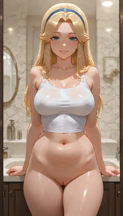 Maria Robotnik from Sonic the hedgehog franchise, 18 years old, Beautiful chubby body, Small height, (skinny waist), she is white tank top, nude from the bottom, (vagina), (shaved pussy), she is in the bathroom, sink and the small round shaped mirror, she is standing, front view, she is looking at viewer, smiling, beatiful white teeth, masterpiece, detailed image, 4k image