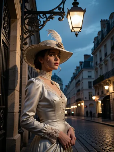 1910s Paris street, elegant young woman standing beneath a wrought iron gas lamp, wistful gaze mixing melancholy and hope, ornate wide-brimmed feathered hat, fitted silk gown with delicate lace trim, cobblestone street, period architecture, dusk blue hour glow, soft golden lamplight, cinematic atmosphere