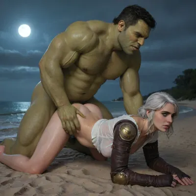 (Beautiful), Digital art style, masterpiece, best quality, high resolution, score_9, score_8_up, score_7_up, score_6_up, (30 year old Ciri:1.3), 4K ultra-detailed image, HDR, enhancement, professional photography, precise anatomy, (perfect symmetry, 5 fingers per hand), realistic textures, maximum resolution, sharp focus, NSFW, side view, vertical straght scar down left side of face, incase, style, ratatatat74, white hairy pussy, big white bush, big bush, overgrown white hairy pussy, perky breasts, rasin nipples, wide birthing hips, plump ass, (mouth completely full expression:1.3), small areola, fit, dripping wet pussy, wet ass, wet cock, rennasonce style outfit with leather armor, fantasy, night, moonlight, detailed, dark, beach, (vaginal sex with Hulk), (Hulk has a very large green veiny cock:1.4), (Positioned doggystyle:1.4), dark moonlit night, (she bent over doggystyle:1.4), his thick muscular body towers over her, (she’s penetrated deeply by Hulk’s massive cock), (very large cock:1.5), (penetration is causing a huge cock bulge from her belly:1.4), pertuding stomach bulge that accentuates the intensity of their savage intercourse, (Ciri moans in orgasmic ecstasy with her mouth open), her body subtly glowing under neon moonlight piercing down, surrounded by faint mist and eerie shadows in a night beach setting. picture, bulged, belly, Creampie, overflowing, ((doggystyle by the Hulk)), breasts exposed, very hairy pussy, onarmor, meatshield, fannypacking, <lora:onarmor_xl:1.3>, <lora:ratatatat74-000050:1.3>