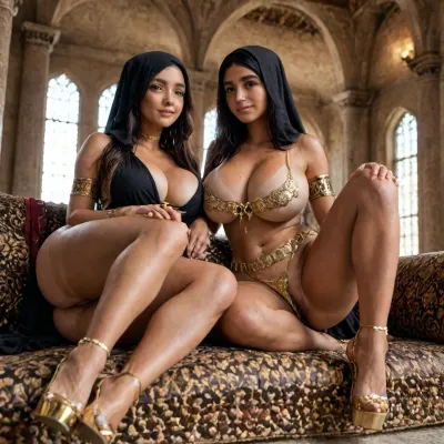 (2 women, 1 man), (two arabian women are sitting on an expensive sofa, cuddling, intense cuddling), inside a luxurious modern mansion, extremely straight hair, brown skin, black hair, brown eyes, (soaking wet), (black headscarf that is wrapped around the head that is covering the hair and neck while leaving the face visible, headscarf covers hair fully, hair is is not visible because it is under the headscarf, hair and neck covered by headscarf), ((black abaya in black color with deep cleavage and large leg cutouts, extremely tiny black loincloth)), coiled armlet, thick gold rings around the thighs, gold platform high heels, gold body jewelry, (huge golden slave collar, very broad golden waist belt), closeup, (very low angle), frontview, lustfull smile, lustfull gaze, looking directly at the viewer, voluptious, hairy pussy, (thick thighs), wide hips, (huge bulging ass), (huge natural bulging breasts), tanned skin, (tanlines:1.5), beautiful hair, oily skin, sweaty skin, wet skin, detailed hands, dark, <lora:polyhedron_photostudio-000005:.8>, <lora:192af1bb3d75bab622d76a8c8cf0a0b9:.8>, <lora:bombshell_v2:.8>, <lora:LCMTurboMix_Euler_A_fix:.8>