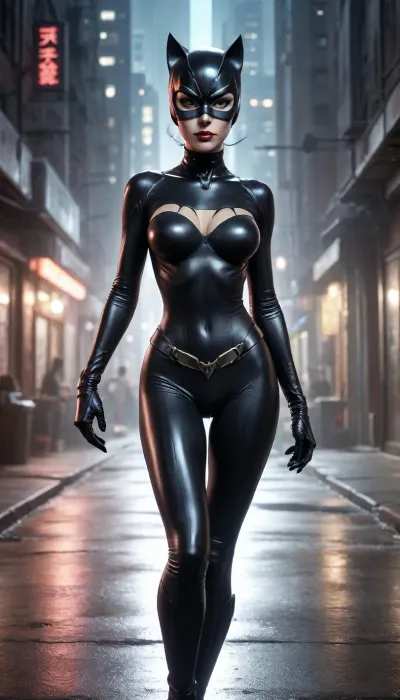 foreshortening, white gradient, Shinya Yamashita style, old-school science fiction, fantasy catwoman, modern hand-drawn anime