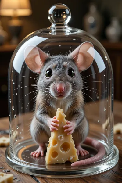 Ultra-photorealistic macro fantasy scene, masterpiece quality, museum-quality fine art photography, surreal realism, extreme close-up, (true 1:1), macro lens, physically accurate optics, subtle natural imperfections, breathtaking cinematic realism. A tiny anthropomorphic female human mouse, 24 years old, no larger than a human thumb, is trapped beneath an elegant transparent glass cheese dome resting on a rustic wooden table. She gazes directly upward toward the viewer with enormous pleading eyes filled with hope and gentle fear. Her expression is irresistibly adorable, inspired by classic baby-schema proportions while remaining unmistakably adult. She has oversized round mouse ears covered in ultra-soft velvety gray fur, a tiny pink pointed nose, delicate white whiskers, expressive emerald-brown eyes with highly detailed irises, long curled eyelashes, soft eyebrows, and a small trembling mouth. Her slender hands tightly clutch a small wedge of aged golden cheese she was trying to steal. Her tiny body is covered in incredibly detailed realistic fur with individually resolved hairs, subtle color variations, soft underfur, delicate fingers, tiny pink paws and an elegant long tail curling gently around her feet. The crystal-clear glass dome produces physically accurate refraction, subtle reflections, soft caustics, realistic optical distortion and delicate condensation droplets. The mouse presses one tiny hand gently against the inside of the glass while still holding the cheese with the other, silently begging to be released. Warm cinematic kitchen lighting creates beautiful reflections across the dome while emphasizing every microscopic detail of her fur, skin, whiskers, paws and the cheese texture. The aged cheese displays realistic pores, tiny cracks, crystalline salt particles and rich golden color. Extremely shallow depth of field isolates the tiny mouse beneath the dome while the surrounding wooden table dissolves into luxurious creamy bokeh. Hyperrealistic materials, physically accurate lighting, impossible cuteness, whimsical surrealism, award-winning macro photography, ultra-high-resolution textures, photorealistic fantasy