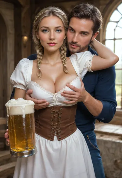 Photorealistic, semi-clothed Bavarian woman, 25yo, beer wench, blonde braided pigtails, bright eyes, blue eyes, (beautiful:1.8), (curvy:1.7), figure-hugging dirndl, (highly detailed short dirndl:1.5), natural large saggy breasts, (cleavage), micro-waist, (ultra-wide hips:1.7), standing, submissive, (flirty, horny:1.3), (highly detailed face), highly detailed medieval dairy barn, front turned one quarter to camera, (carrying a large beer:1.4), serving 2 male customers as they grope her, (groped:1.7), flanked by, clothed men, (((2men))), (ultra-realistic, RAW photo, DSLR, sharp focus), (source_real), ultra-realistic, RAW photo, DSLR, sharp focus, (Canon EOS R5, 85mm lens perspective, f/1.8), shallow depth of field, close up shot, eye level, subject in sharp focus, background softly blurred, (bokeh), highly detailed skin texture, visible pores, subsurface scattering, correct anatomical proportions, consistent limb length, natural color grading, warm 3200k golden hour sunset tones, cinematic composition, rule of thirds, (ultra-high resolution, 4K / 8K, highly detailed, sharp focus, masterpiece, best quality, intricate details), (score_9, score_8_up, score_7_up), <lora:attractive_notrigger:2>, <lora:Portrait_perfection:.8>, <lora:EnvyBetterHiresFixXL01:.8>