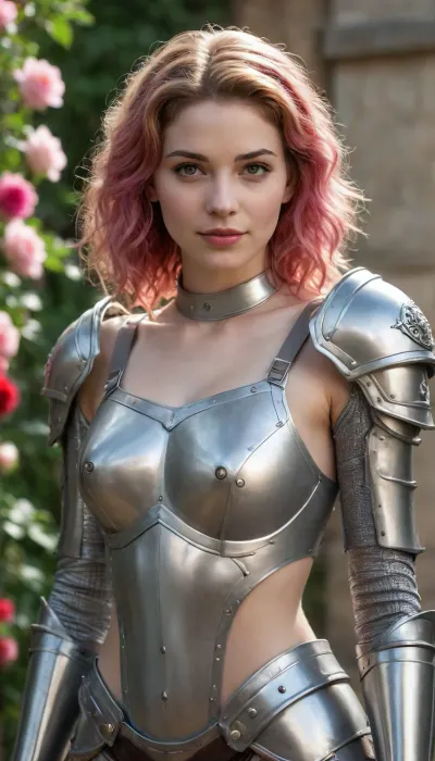 beautiful sexy slender young lady, hot sweaty pale white skin, kind soft, flirty eyes, flirty smirk smile, rough tangled rose hair, heavy halfplate armour, thigh