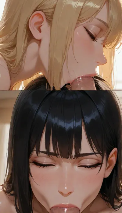 score_9, score_8_up, score_7_up, score_6_up, manga style, 2 girls each performing fellatio, one with long blonde hair and the other with long charcoal-black hair, eyes closed, fellatio, profile view, close-up, realistic, raw photo, 8k, magnificent, beautiful, tripod shot, <lora:SorasBlowjobs:.8>