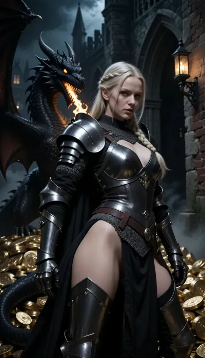 Sexy curvy big ass woman in knight armor, she is a Scandinavian knight with pale sunless skin, long light blonde hair braided into a single neat braid, clear blue eyes, and a cold focused expression of absolute resolve. She wears dark heavy knight armor, heavy but elegant, with layered black and charcoal cloth tabard. Dragon, large black dragon on top of pile of gold in a gothic castle at midnight, its eyes glowing in a warm yellow-orange hew, its maw is slightly opened a beginning flame growing in the back of its throat.

The castle is dark and claustrophobic, with rough brickwork, crooked gothic arches, old stone walls, wrought-iron lanterns, drifting fog, and deep black corners where danger waits. High fantasy knight, gothic castle, cinematic composition, ultra detailed, realistic painterly style, dramatic low-key lighting, deep shadows, tense stealth atmosphere, elegant martial pose.