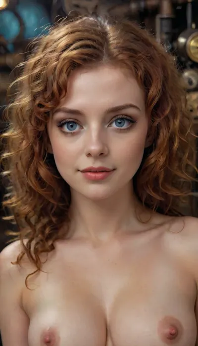 Neo steampunk, ginger pretty girl, deep blue big eyes, smile, curly hair, shy hot sexy erotic, naked, mcs1, steampunk, 4ng3l, face, <lora:multicolored-colorful-smoke-000008:2>, <lora:SteampunkXL_V1:2>, <lora:SDXL_BetterFaces-LoRA_v1:2>, <lora:luxart:2>, <lora:Perfect_Eyes:2>