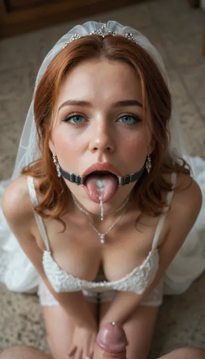 Mature Hot girl, (top model, redhead bride), kneeling, waiting for cumshot, (tongue out of mouth:1.2), (lot of cum on tongue), ((oring gag)), teasing look, waiting for facial, beautiful face, pov, view from above, mouth open, closeup, face only