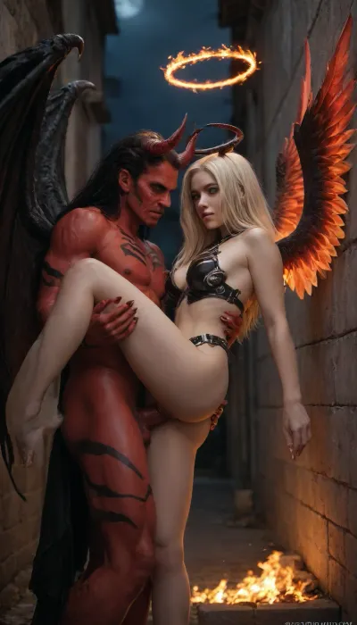 (demon and angel hybrid:1.3), long hair, blonde hair, pitch black hair, (bicolor hair:1.3), one red eye and one blue eye, angelic halo on fire, horns, claws, white with blood red stripes skin, fiery pitch back wings, sexy skimpy leather clothing, dark alleyway, night, shadows, shadowy, somber, darkness, leg up, (female domination sex:1.4)