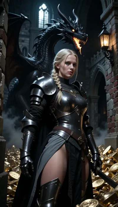 Sexy curvy big ass woman in knight armor, she is a Scandinavian knight with pale sunless skin, long light blonde hair braided into a single neat braid, clear blue eyes, and a cold focused expression of absolute resolve. She wears dark heavy knight armor, heavy but elegant, with layered black and charcoal cloth tabard. Dragon, large black dragon on top of pile of gold in a gothic castle at midnight, its eyes glowing in a warm yellow-orange hew, its maw is slightly opened a beginning flame growing in the back of its throat.

The castle is dark and claustrophobic, with rough brickwork, crooked gothic arches, old stone walls, wrought-iron lanterns, drifting fog, and deep black corners where danger waits. High fantasy knight, gothic castle, cinematic composition, ultra detailed, realistic painterly style, dramatic low-key lighting, deep shadows, tense stealth atmosphere, elegant martial pose.