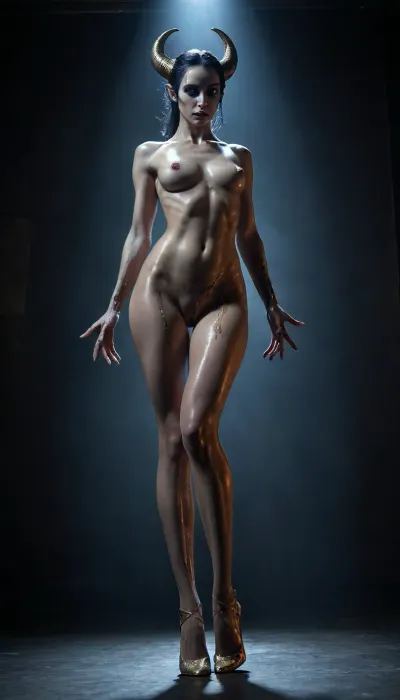 succubus demon, full-body in a studio, luminous fantasy art style glowing with ethereal light, soft dreamlike atmosphere, vibrant golden hues against deep blues, intricate delicate textures and smooth flowing lines, gentle shimmering highlights, eerie sunken eyes, sharp cheekbones, grotesque expression, ((brightly light vagina is clearly visible, one of her legs is kicked up high, standing splits)), liquid and cum squirt from pussy, near nude, hosiery, garter, high heels stilettos, subtle shadow for depth, moody cyberpunk undertones muted, high contrast against a dim pitch‑black background., (masterpiece, best quality, highres, photorealistic)