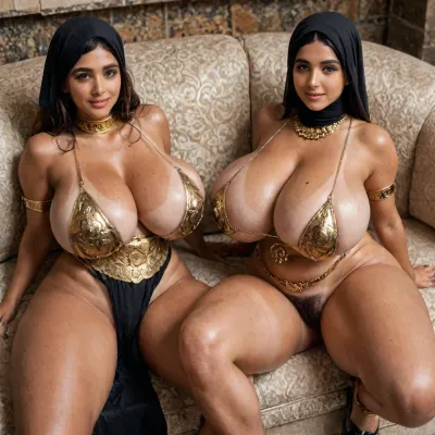 (2 women, 1 man), (two arabian women are laying on an expensive couch, legs spread:1.25), legs extended, holding legs, inside a luxurious modern mansion, extremely straight hair, brown skin, black hair, brown eyes, (soaking wet:1.2), (black headscarf that is wrapped around the head that is covering the hair and neck while leaving the face visible, headscarf covers hair fully, hair is is not visible because it is under the headscarf, hair and neck covered by headscarf), ((black abaya in black color with deep cleavage and large leg cutouts, extremely tiny black loincloth)), coiled armlet, thick gold rings around the thighs, gold platform high heels, gold body jewelry, (huge golden slave collar, very broad golden waist belt), closeup, (elevated angle), frontview, lustfull smile, lustfull gaze, looking directly at the viewer, voluptious, hairy pussy, (thick thighs:1.4), wide hips, (huge bulging ass), (huge natural bulging breasts:1.4), tanned skin, (tanlines:1.5), beautiful hair, oily skin, sweaty skin, wet skin, detailed hands, dark, <lora:polyhedron_photostudio-000005:.8>, <lora:192af1bb3d75bab622d76a8c8cf0a0b9:.8>, <lora:bombshell_v2:.8>, <lora:LCMTurboMix_Euler_A_fix:.8>