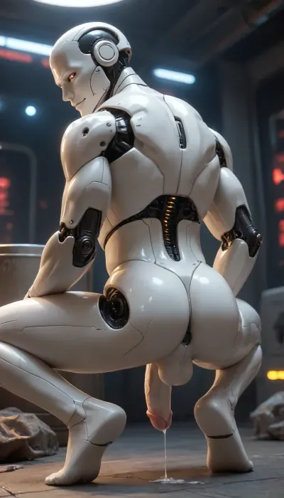 a male robot, robot, humanoid, (white plastic skin:1.3), synthetic, with mechanical joints, curved penis, flaccid penis, squatting low. robot is athletic, anatomically correct, tall, slender, thin, handsome sexy. provocative cruel smile. normal size penis. In a spaceship with neon lights. Looking at the viewer. Seen from back. Ass close-up. Penis is, (dripping cum:1), . Not muscular. robotic head. Robotic joints. Spread legs. Robot head, led eyes. Full body view. Barefoot.
