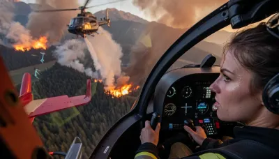 A breathtaking action image, a sleek glass cockpit firefighting helicopter banking steeply over the Italian Alps during a catastrophic forest wildfire, viewed from the side so the expansive curved cockpit canopy reveals the pilot in stunning detail, an Italian woman 28, elite firefighter, sweat on her face, intense focused eyes, calm confidence under extreme pressure, firmly gripping the flight controls as the helicopter stabilizes after releasing thousands of liters of water onto the inferno below, the blazing mountainside disappearing into dense smoke and towering flames far beneath, cockpit and pilot rendered in razor-sharp focus while the burning forest deep below falls into dramatic atmospheric blur, vivid orange firelight reflecting across the curved glass canopy, powerful rotor blur, cinematic lighting, ultra-realistic textures, dynamic composition, extreme sense of speed and scale, telephoto compression, shallow depth of field, masterpiece, National Geographic quality, award-winning aerial image, 8K.