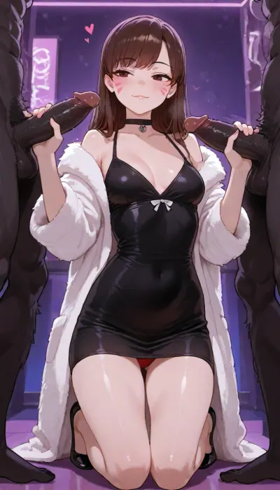 full body shot, (Anime shot), d.va from overwatch, slim, small body, small medium breasts, naughty, black choker, black tight night dress, white expensive fur coat, red panties, on knees, handjob, 2 muscular black mans, stands, 2 huge black penises, karaoke room, no headphones, <lora:ratatatat74-000050:.8>, <lora:outline_xl_kohaku_delta_spv5x:.8>, <lora:cartoon_stickers_xl_v1:.8>, <lora:hennnachoco-NAI:.8>