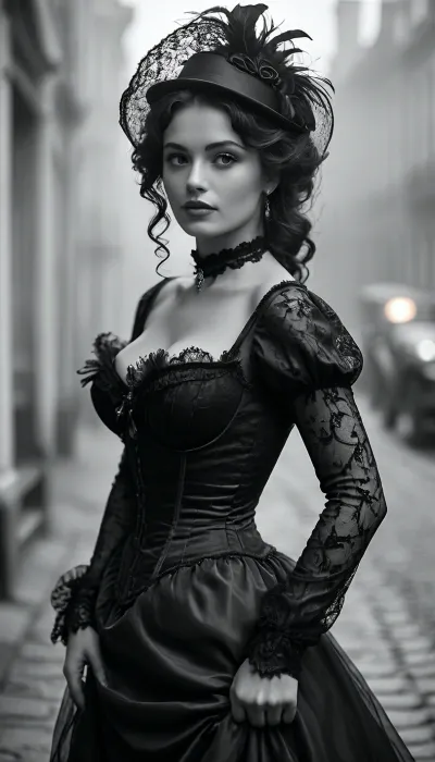 (masterpiece, old film quality, ultra-detailed, photorealistic, (black and white:1.4), 8k, RAW photo), ((year 1901)), 2/3 body portrait of a breathtakingly voluptuous young woman with an extreme hourglass figure, posing. She has flawless olive skin, long, cascading dark waves black hair in thick, sensual waves, and a smoldering, seductive gaze directed at the camera. She is wearing an incredibly tight, form-fitting, black lace satin belle epoque gown. The green gown features puffy-shoulders and long sleeves, a sweetheart neckline, and a structured corseted bodice that violently cinches her impossibly small waist and thrusts her massive, heavy tits upwards, creating a deep, fuckable cleavage that spills out from the top. The black satin fabric clings like a second skin over her wide, child-bearing hips and thick thighs, outlining every single curve of her lower body in explicit detail. From the knees down, the dress explodes into a voluminous, multi-layered brown skirt of organza and tulle that pools elegantly on the floor. She wears a fancy Edwardian capline hat with a large feather, She is stands out side on a foggy old Parisian street with an oil lamp burning above her head, One of her toned arms is raised behind her head, pushing her tits out even further, while her other hand delicately toys with the dress strap on her shoulder. The atmosphere is intensely erotic, elegant, and sophisticated. Cinematic lighting, sharp focus, high contrast., <lora:MJ52:.8>, <lora:old_world:.8>