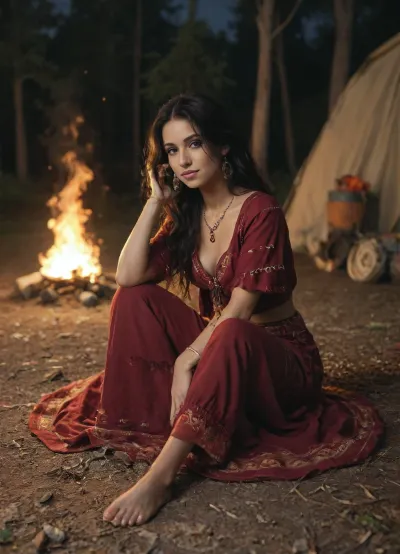 gypsy, with small bust, very long, black hair, full body, night, sitting besids a camp fire, gypsy waggons in the background
