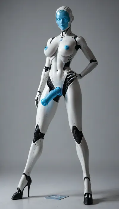 Robot shemale, high quality, white hard plastic body, large blue breasts, long legs, artificial equine futa cock, hooves, blue nipples, blue vagina, naked, holographic face, tall, equine futa cock, detailed face, insane quality robot, advanced technology, hand on hip, annoyed, muscular, model pose, stretched leg, robot horselegs